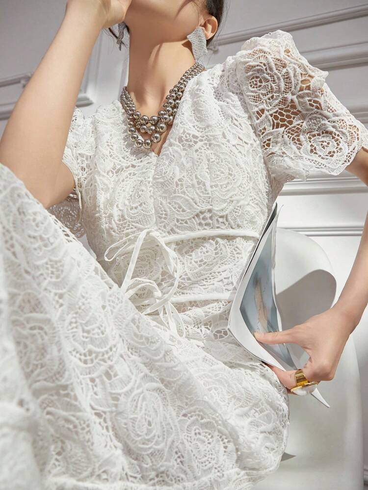 Women's V-Neck Lantern Sleeve Lace Decorated Dress,Dress For Wedding, White Dress Maxi Dress