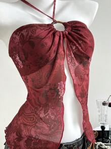 Elamini Women's Mesh Patchwork Round Ornament Decorative Sheer Halter Neck Camisole