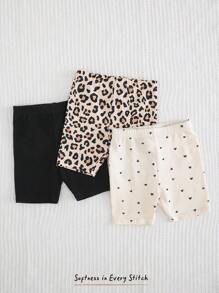 Cozy Pixies Set de 3 piezas de pantalones cortos casuales con cintura elástica, de punto con estampado de leopardo y corazones para bebé niña