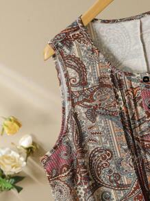 Lacomfia 女式加大码圆领褶皱复古印花弧形下摆休闲百搭背心 - 彩色 - 查看 3