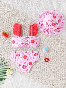 3pcs/Set Newborn Baby & Toddler Cute Strawberry Print Beach Outfit With Floral Trim Hat