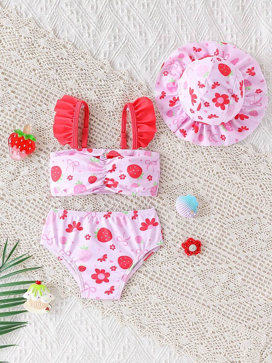 3pcs/Set Newborn Baby & Toddler Cute Strawberry Print Beach Outfit With Floral Trim Hat