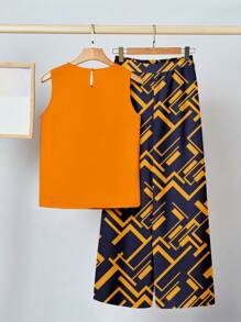 SHEIN Clasi Set di top senza maniche arancione brillante e pantaloni larghi con stampa geometrica, completo casual adatto per l'estate e l'uso quotidiano