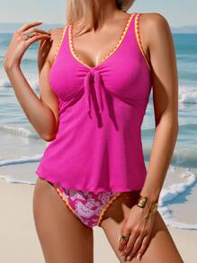 Swim Lushoire Đồ bơi Tankini họa tiết khối màu cho kỳ nghỉ hè trên bãi biển dành cho nữ - Màu Hồng Tươi - Xem 3