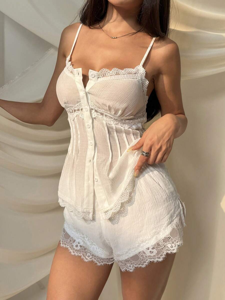 SHEIN EZwear 2件套女士纯色蕾丝拼接吊带背心和短裤套装 - 白色 - 查看 1