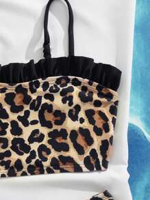 Set di 2 pezzi da bagno per ragazze giovani, costume da bagno da spiaggia e vacanza con stampa leopardata e volant a motivo casuale