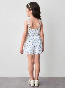 Young Girl Ditsy Floral Spaghetti Strap Romper - Blue - View 5