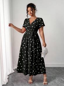 Elenzga Romantischer, legerer, eleganter Urlaubsstil rotes Wickel-Midi-Kleid mit V-Ausschnitt, Polka Punkten, Kurzarm und Schlitz für Damen in Große Größen, Outfit für Silvester - Schwarz und Weiss - Übersicht 6
