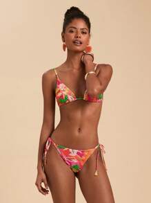 Travachic Summer Women's Tropical Plant Print Halter Neck Spaghetti Strap All-Over Print Triangle Bikini Set,Swimsuits For Woman,Bathing Suits For Women - Multicolor - View 7