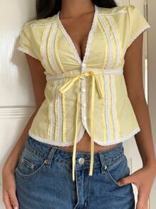 SHEIN EZwear Casual Women's Cotton Blouse With Contrasting Lace Trim, Butter Yellow,Summer Cute Top - Yellow - View 4