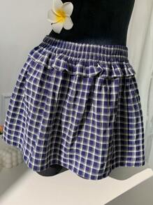 SHEIN EZwear 格子图案弹力腰带女士休闲荷叶边A字裙，夏季女装，适合音乐会等场合 - 藏蓝色 - 查看 5