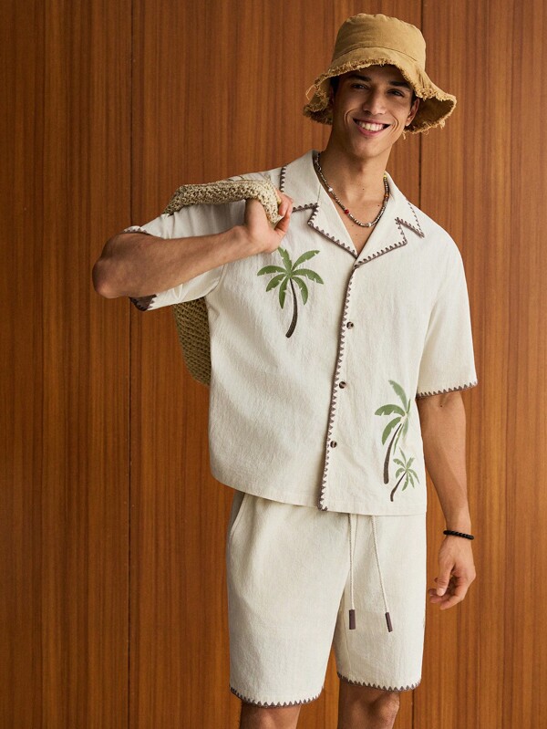 SWAVVY 2pcs/Set Men's Fashionable Casual Daily Woven Loose Fit Short Sleeve Shirt And Drawstring Waist Straight Leg Shorts Set, Cozy Outfits