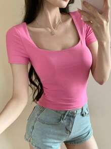 DAZY Camiseta de mujer de manga corta de cuello cuadrado, ajustada y sexy, crop top para verano