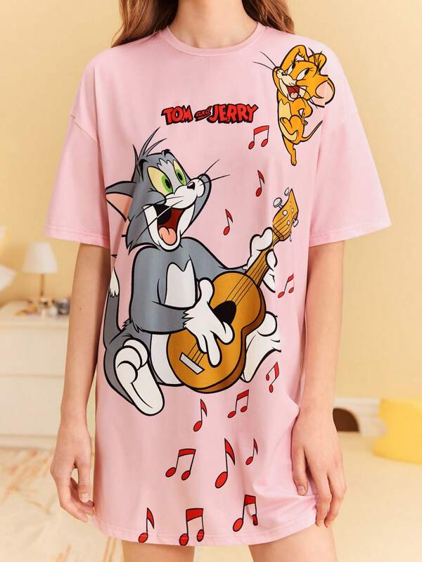 TOM & JERRY X SHEIN Women Summer Casual Cartoon Cat & Mouse Printed Round Neck Short Sleeve Sleep Dress
