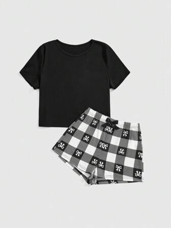 Ensemble de pyjama décontracté à manches courtes avec papillon à damier noir et blanc