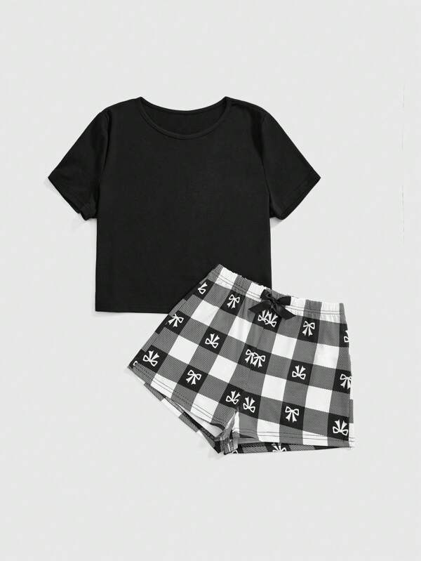 ROMWE Set de pijamale casual cu mânecă scurtă, cu imprimeu de fluture și carouri, alb-negru