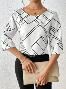 SHEIN Clasi Women's Short Sleeve Round Neck Casual Geometric Print Blouse For Summer