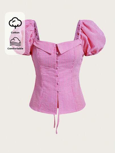 COSMINA 女式格子印花甜心领休闲短袖纽扣衬衫