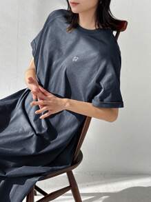 FRIFUL Women's Brown Embroidered Long Dress, Floral Pattern, Summer Dress - Navy Blue - View 2