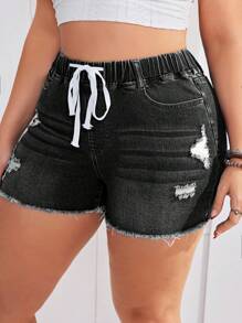 SHEIN EZwear Plus Size Women Drawstring Waist Pocket Distressed Frayed Hem Casual Versatile Denim Shorts - Black - View 6
