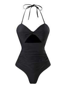 Swim Oasis 2件套/组 2025新款夏季女士纯色连体泳衣搭配随机印花雪纺长裙，沙滩度假休闲套装 - 黑色 - 查看 3