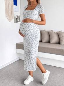 SHEIN Maternity Vacation Casual Mini Ditsy Floral Side Split Midi Dress - Blue and White - View 8