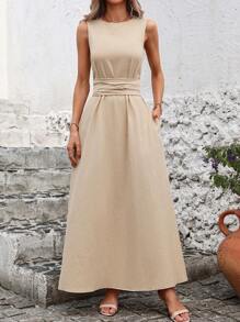 SHEIN Clasi 女性時尚純色無袖重疊連衣裙，海灘女裝波西米亞長裙 - 杏色 - 查看 6