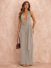 SHEIN BAE Bộ đồ liền thân thắt nút chữ V sâu gợi cảm bó sát cho kỳ nghỉ hè trên bãi biển, phù hợp cho hẹn hò hàng ngày, đi chơi đêm, hộp đêm, tiệc tùng, tụ tập, tiệc cocktail, tiệc hồ bơi, quần áo mùa tựu trường, mùa tựu trường, quần áo ngày lễ, quần áo lễ hội âm nhạc, quần áo lễ hội nhạc đồng quê, quần áo hòa nhạc - Xám - Xem 6