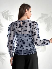 Modelyn Atasan Wanita Lengan Panjang Longgar Model Puff dengan Motif Bunga dan Jala - Biru - View 2