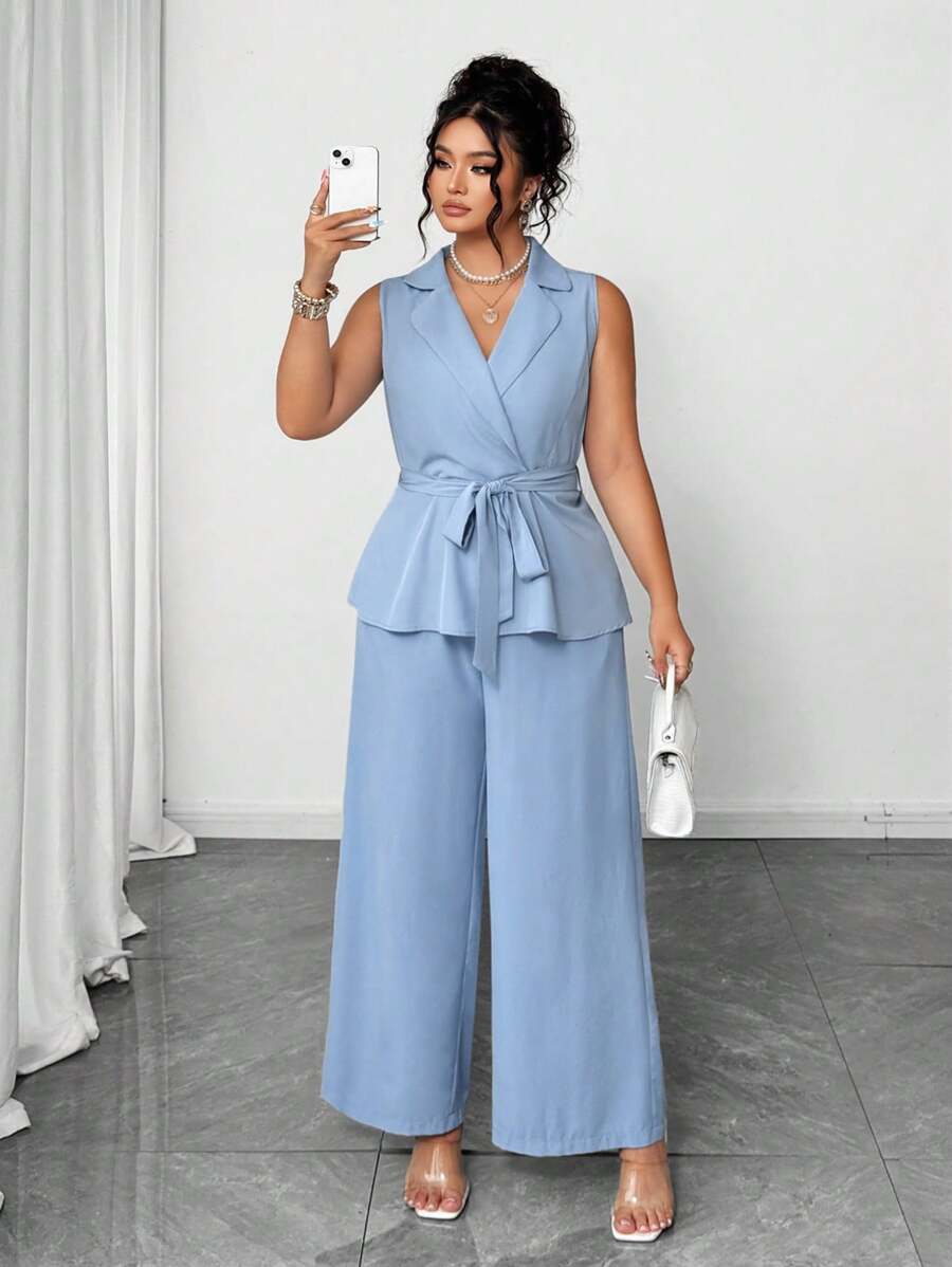Elenzga Bộ quần áo blazer và áo khoác màu trơn cỡ lớn cho nữ, cổ chữ V thanh lịch có nơ trang trí, mùa xuân/hè - Màu xanh lam - Xem 1