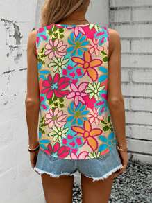 Women Plus Size Vibrant Floral V-Neck Sleeveless Shirt, Comfortable For Casual Summer And Spring Wear - Pink - View 2