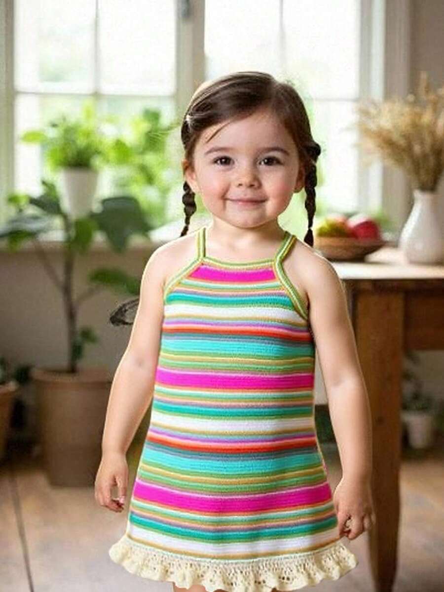 SHEIN Vintaside Kids 女婴时尚彩色条纹针织吊带连衣裙 - 粉色 - 查看 1