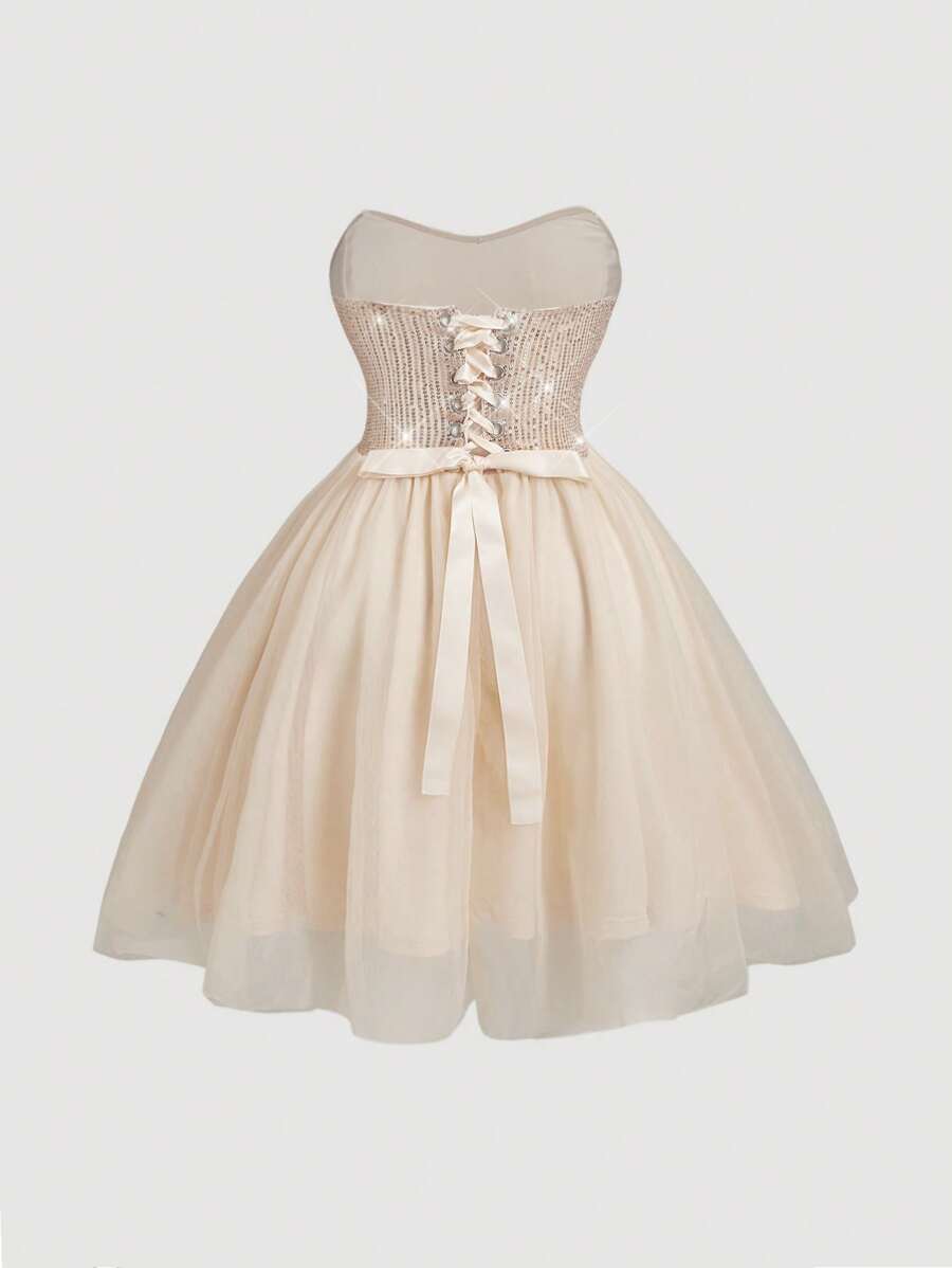 SHEIN MOD 加大码香槟色串珠刺绣吊带荷叶边下摆迷你连衣裙、派对装、网眼拼布芭蕾舞裙 - 香檳色 - 查看 1