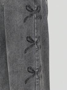 Fashionable Casual Versatile Denimly Embroidered Bow Decor Teenager/Youth Denim Jeans, Elastic Waistband, Zipper Fly, Washed - Grey - View 6