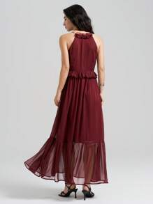 Ontre 2025 Summer Women's Sleeveless Solid Color Ruffled Tie Neck Sheer Mesh Hem Dress, Elegant Party Dress Suitable For Independence Day, Vacation, Beach, Casual, Graduation, Wedding Guest, Memorial Day, Prom, Versatile Daily Commute - Burgundy - View 3