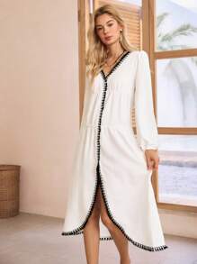 Lullawish 波浪印花V领女士睡袍娃娃裙节日季 - 白色 - 查看 5