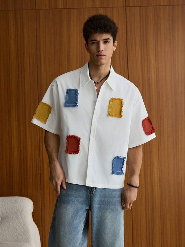 SWAVVY Men's Fashion Casual Color Clash Applique Embroidered Button Up White Boxy Shirt, For Summer