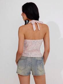 Roylia Women Casual Holiday Sheer Neck Beach Lace Top - Pink - View 2
