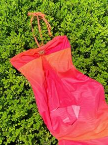 Comfortcana 女式无袖露背渐变色修身连衣裙，夏季 - 玫紅色 - 查看 6