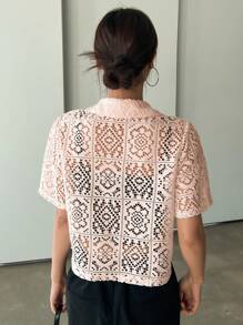 DAZY 女士精致蕾丝开衫衬衫，优雅休闲短款上衣，夏季