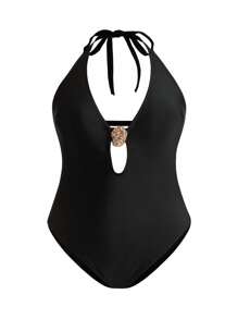 SHEIN Swim Curve Plus Size Solid Color Halter Strappy Hollow Metal Buckle Decor One-Piece Swimsuit For Summer