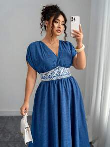 Elenzga Plus Size Boho Sky Blue Floral Embroidered Maxi Dress,Summer Elegant Vacation Deep V-Neck,Gathered Shoulder,Cinched Waist, Casual Party Dress - Blue - View 4
