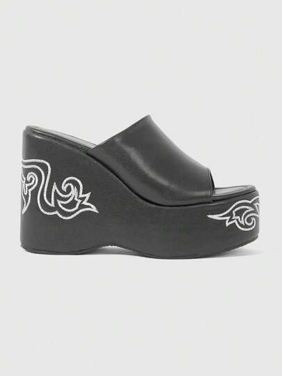 Embroidered Round Toe Wedge Heel Platform Goth Punk PU Leather Black Wedged Sandals For Casual Street Wear, Halloween