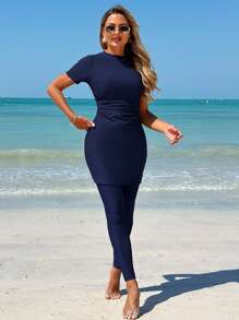 Swim Mulvari 2 pièces Ensemble de maillot de bain modeste d'été pour femme : Top à manches longues et col rond et pantalon ajusté pour vacances Burkini