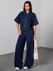 SHEIN PETITE 女士深蓝色牛仔衬衫翻领短袖上衣夏季牛仔套装办公室装学院风女式夏季衬衫 - 深色水洗藍 - 查看 4