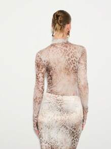 KIZN 长袖豹纹连体衣 修身领口纽扣职业办公室装 春秋冬时尚 - 棕色 - 查看 2