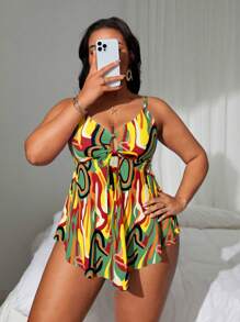 Swim Lushoire 2pcs Plus Size Women Random Printed Tankini & Swimskirt Set, Fashionable Casual Resort Style For Summer Beach Vacation - Multicolor - View 1