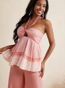 Christian Allana 粉色印花露背褶饰飘逸无袖上衣女款夏季度假装 - 彩色 - 查看 3