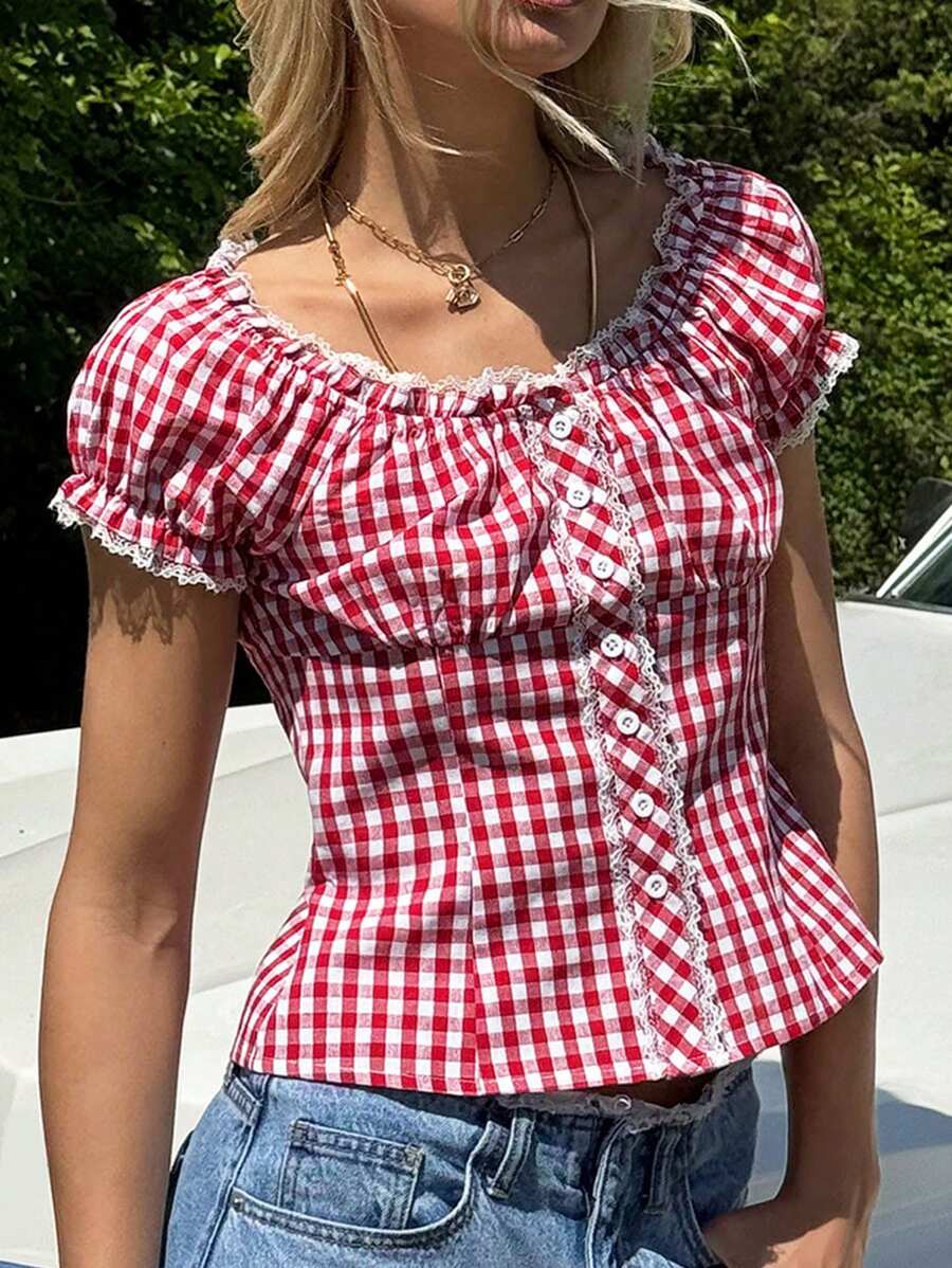 SHEIN EZwear 夏季红色格子休闲梭织衬衫