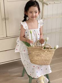 DAZY 2pcs/Set Young Girl Casual Polka Dot Ruffle Trim Top And Skirt Set, Summer - White - View 6
